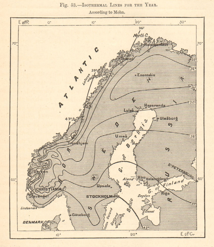 Isothermal Lines for the year. According to Mohn. Scandinavia. Sketch map 1885